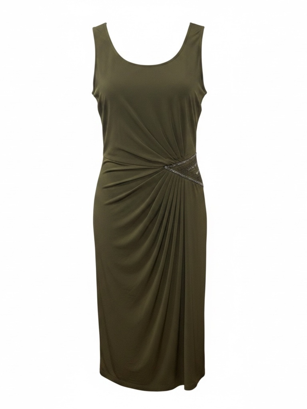 Jennifer Lopez Olive Green Sleeveless Midi Dress with Side Beaded Detail Medium